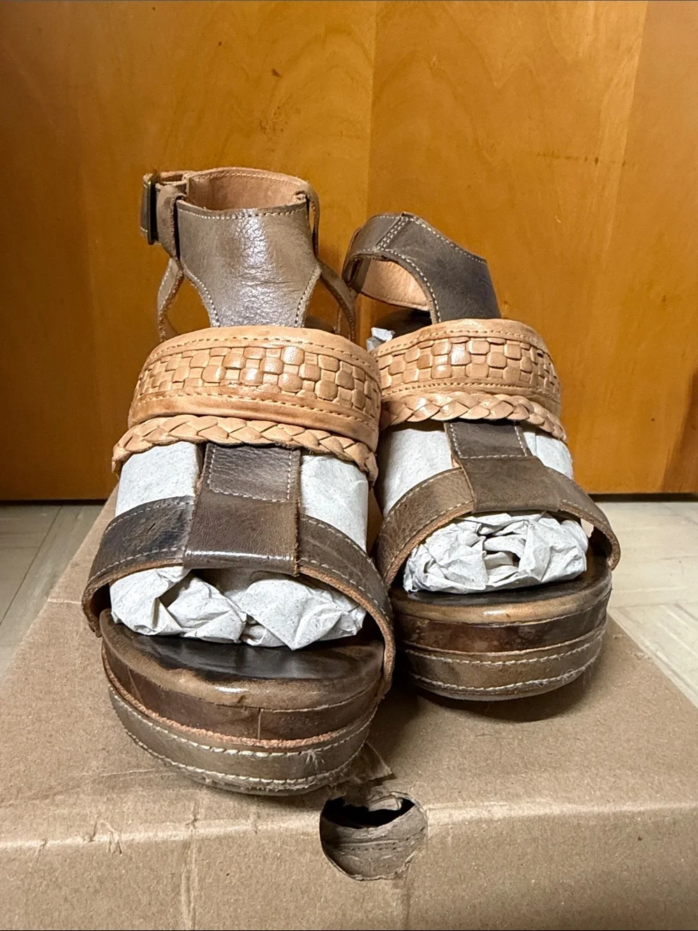 BED|STU Brown and Tan Leather Braided Wedge Sandals